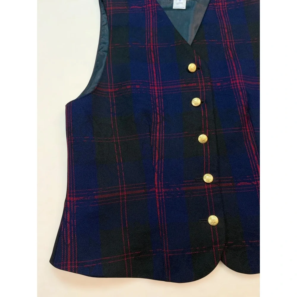 Pendleton Mens Plaid Virgin Wool Vest‎ Navy Blue Red Gold Crest Buttons USA Made